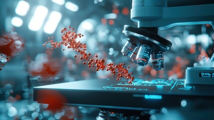 A futuristic microscope with glowing digital readouts, examining a vibrant, floating molecular structure. Sci-fi, sleek, colorful.