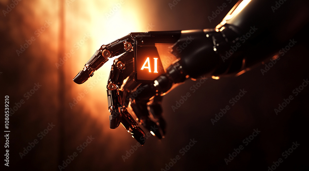 Poster A robotic hand with glowing orange lights in the background holds a cube with the letters AI inscribed on it