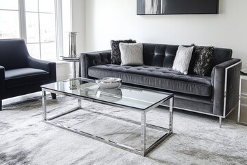 Stylish modern living room featuring grey sofa, black armchair, and sleek glass coffee table design