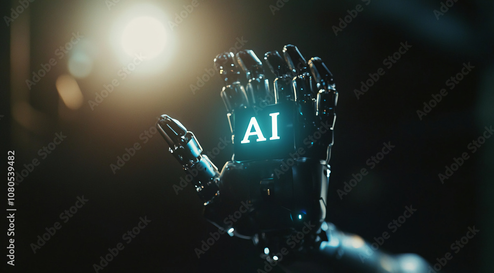 Aufkleber a robotic hand with the letters ai illuminated on its back reaches up towards a bright light in the 