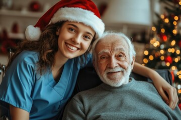 Young nurse in a Santa hat standing beside an elderly man in a wheelchair in a Christmas-decorated nursing home. Perfect for holiday-themed senior care visuals.
