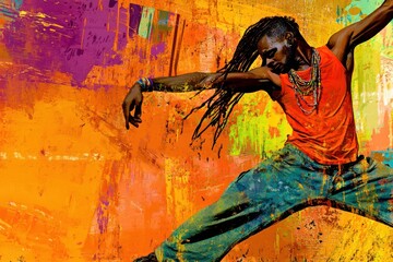 A dancer in vibrant clothing poses energetically against a colorful abstract background.