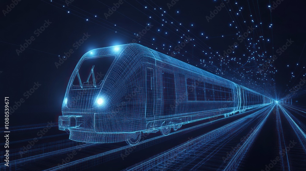 Poster a digital representation of a train rendered in a wireframe style, showcasing technology.