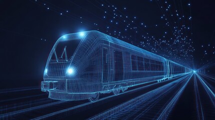 A digital representation of a train rendered in a wireframe style, showcasing technology.