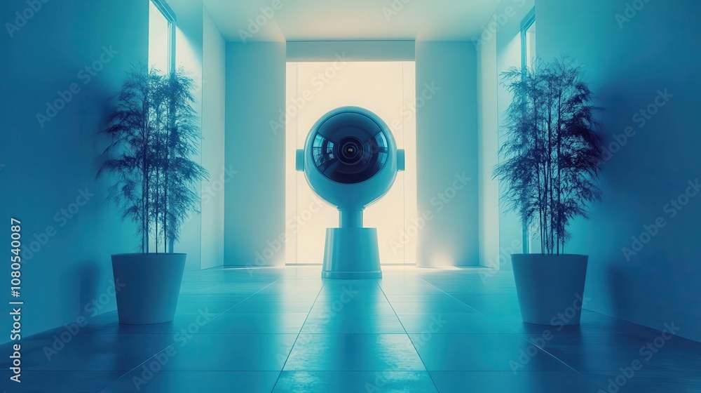 Poster a futuristic, minimalistic hallway features a spherical object at its center, illuminated by soft li