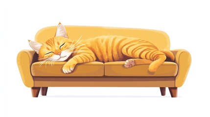 a 2D cartoon illustration of a cat sleeping on a couch, cozy and relaxed, white background--ar 16:9