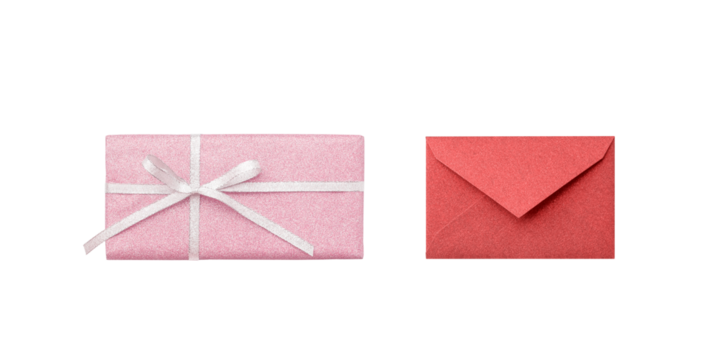 The clipping of the pink gift with the ribbon of the silver with the lam and clipping of the closed red back side of  envelope