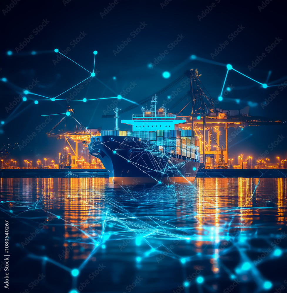 Poster advanced cargo ship sailing through a high-tech network of illuminated lines on a digital sea, symbo