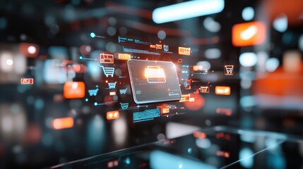 A futuristic digital wallet floating in mid-air, surrounded by glowing holographic product icons and shopping carts. High-tech, sleek, vibrant.