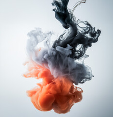 Ink swirling in water creating abstract patterns with shades of gray and orange, captured in high resolution, showcasing fluid motion and organic design in a vertical shot.