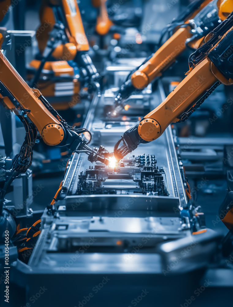 Poster close-up of robotic arms on an automated assembly line, assembling parts in a modern, high-tech faci