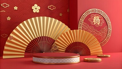 Abstract Hand Fan Background for Product Presentation in 3D, Chinese New Year Hand Fan Abstract Background
