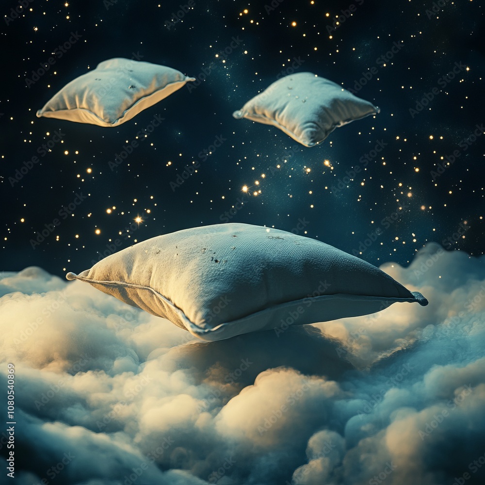 Poster three white pillows are floating in the sky, surrounded by clouds. the pillows are positioned at dif