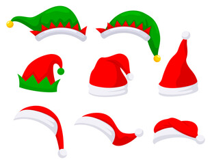 Christmas hats. Festive Santas red cap, elf hat. winter holidays party decoration elements vector illustration set. Funny costumes for new year celebration.