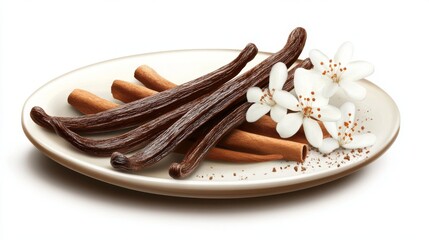 Fototapeta premium Fresh vanilla pods and blossoms on a plate