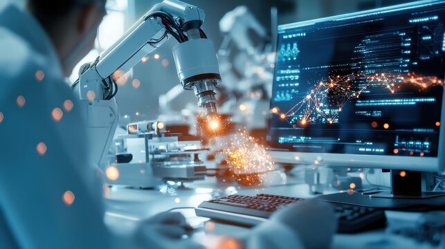 A futuristic bio lab with robotic arms working on DNA sequencing, glowing data streams floating in the air. Sci-fi, bright, intricate.