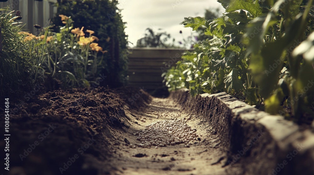 Poster a small pathway through a garden, with soil on either side and a small stream of water running throu