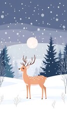 Flat vector illustration of deer in winter forest, simple shapes, simple flat style, white background