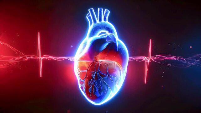 Anatomical heart with glowing blue outline, red heartbeat lines and red particles on a dark background.