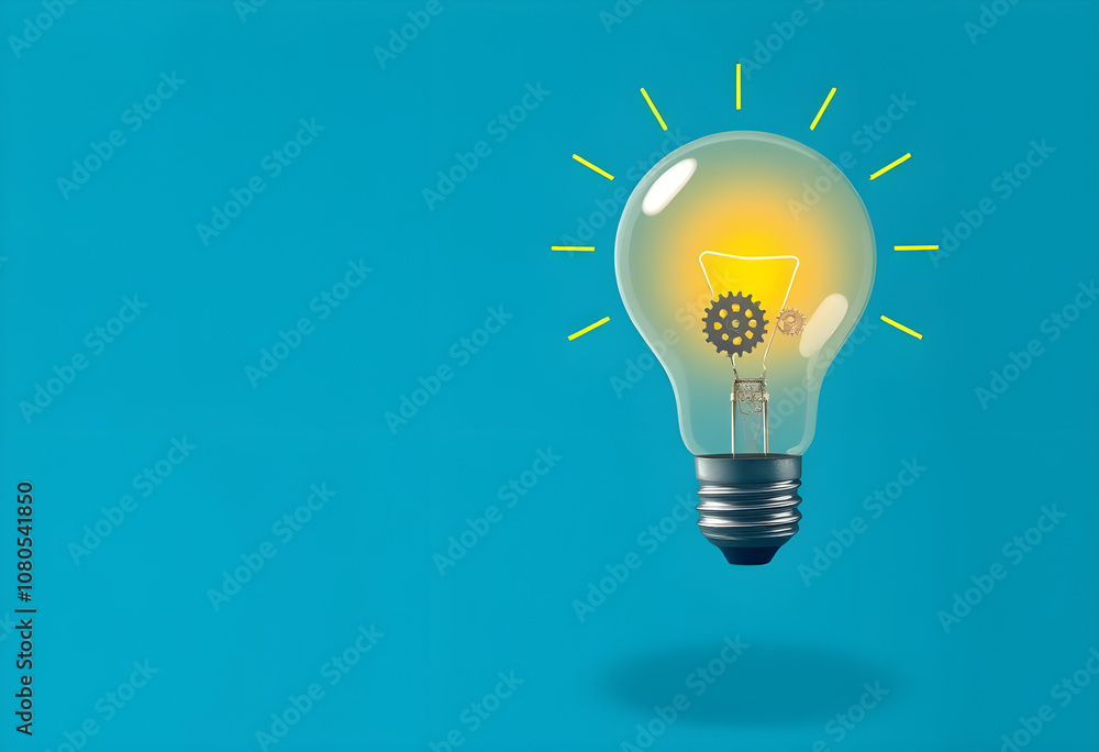 Poster light bulb with idea gears on blue background and copy space for text