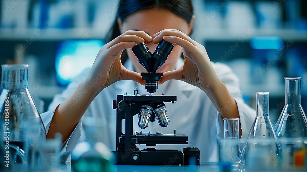 Poster female scientist creating heart shape with hands while looking at microscope in modern laboratory fi