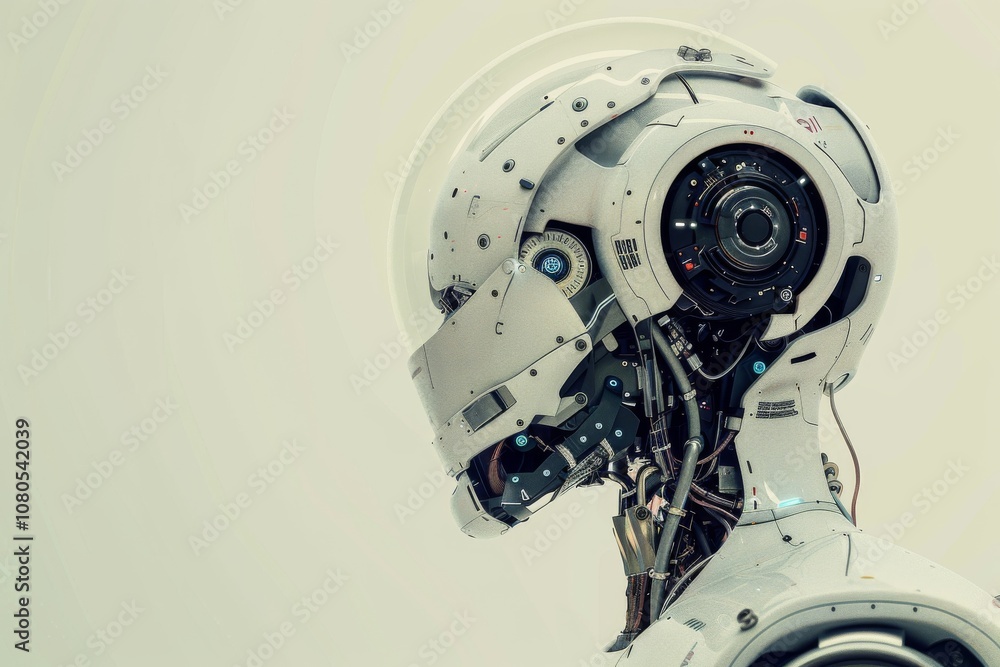 Poster detailed image of a futuristic robot head showcasing advanced technology and intricate mechanical de