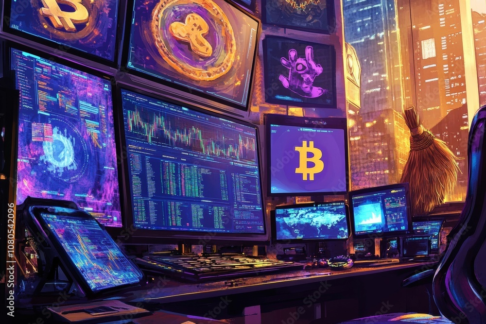 Poster sophisticated cryptocurrency trading station with multiple screens and digital coins on display