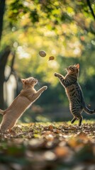 Obraz premium Two playful cats jump for a toy in a park with autumn leaves on the ground.