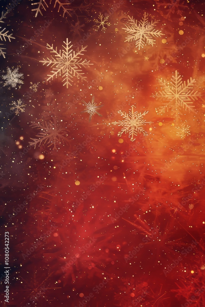 Poster a red background with snowflakes on it. the snowflakes are scattered all over the background