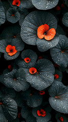 Photo Dark Leaves Red Flowers Water Drops Nature