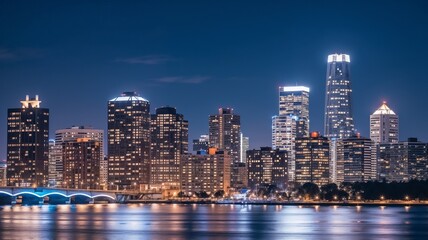 Naklejka premium Modern skyline of a city at night with illuminated buildings and water reflection