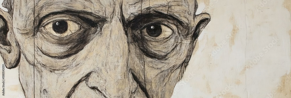 Poster a close-up of an expressive, stylized portrait emphasizing deep-set eyes and intricate details.