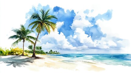 Fototapeta premium Watercolor Painting of Tropical Beach with Palms on Sunny Day, Summer Holiday Vacation Illustration, Ocean Scene for Logo or T-Shirt Design, Relaxing Coastal Landscape, Isolated on White Background
