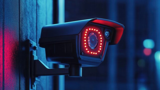 A vibrant surveillance camera with red accents, mounted on a wall, exuding a high-tech security atmosphere.