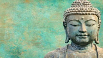 A serene Buddha statue against a textured turquoise background.