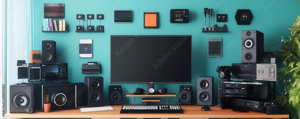 Poster a modern tech setup featuring various audio and visual equipment against a vibrant turquoise wall, s