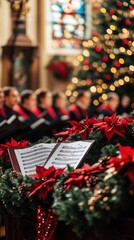 Close-up of sheet music on a podium in a church with a choir singing in the background and a Christmas tree with lights blurred in the background.