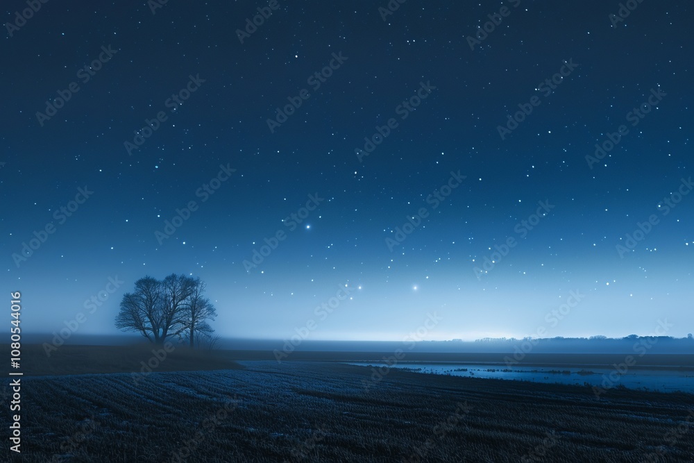 Aufkleber a tree is in the middle of a field with a clear sky. there are many stars in the sky