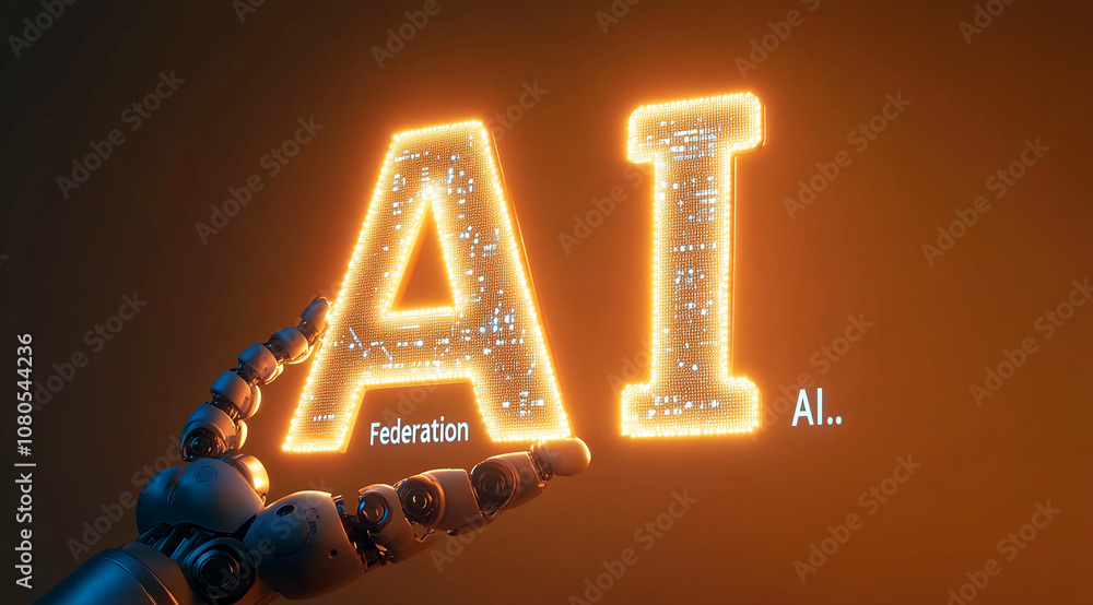 Poster a robotic arm reaches towards glowing letters that spell out ai
