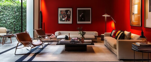 Modern Living Room Interior with Red Walls and  Stylish Furniture
