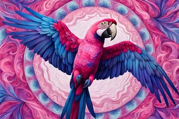 Fototapeta premium A detailed macaw with a swirling kaleidoscopic background, AI Generated