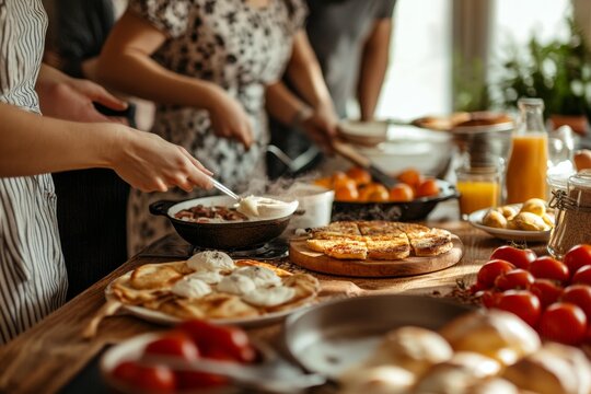 Family bonding moments  capturing the joy of preparing breakfast together at the table