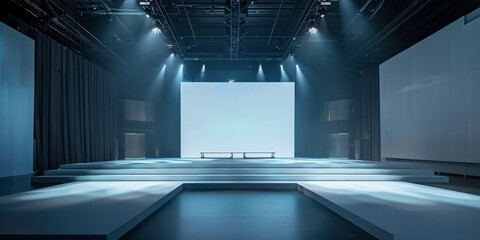 A professional studio stage setup featuring dramatic lighting and a minimalist design, perfect for events, performances, or presentations.
