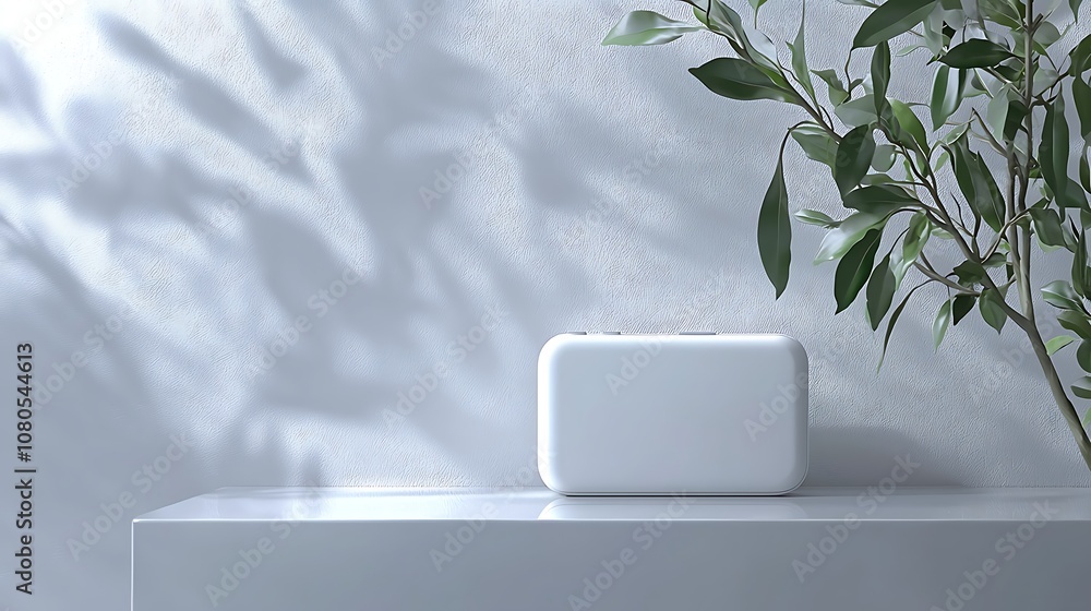 Poster minimalist white speaker on a clean surface with soft shadows and greenery in natural light creating