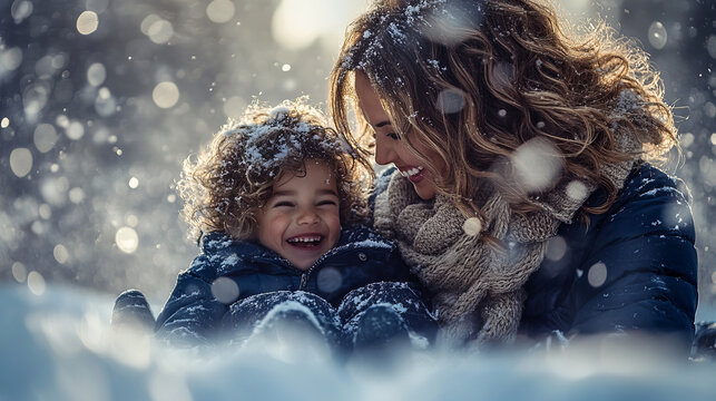 Joyful mother and son share laughter while playing in the snow during winter afternoon in a serene park filled with falling snowflakes