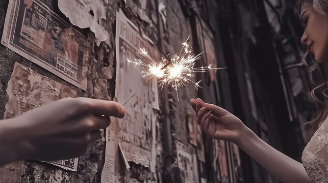 Sparkling moments shared between friends in an urban alley, illuminated by sparklers at twilight
