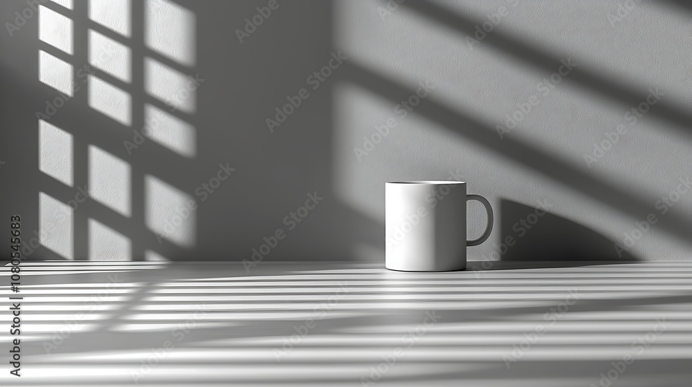 Aufkleber minimalist composition featuring a plain white mug on a table against a backdrop of intricate shadow