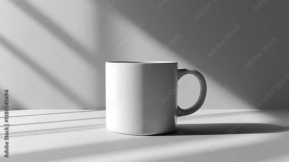 Aufkleber minimalist white coffee mug on a surface with soft natural light and shadow patterns creating a calm