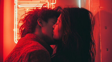 A passionate embrace illuminated by vibrant neon lights in an urban setting showcasing love's intensity under nighttime allure