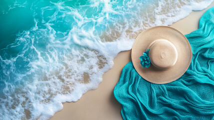 A wide shot of the beach with sand, waves, and blue water. On top is an elegant hat lying on its side next to a bright turquoise towel. The scene exudes relaxation and summer vibe 